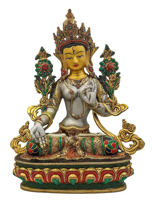 Statue en cuivre de Tara Blanche – Compassion sereine et longévité, Finition partiellement dorée