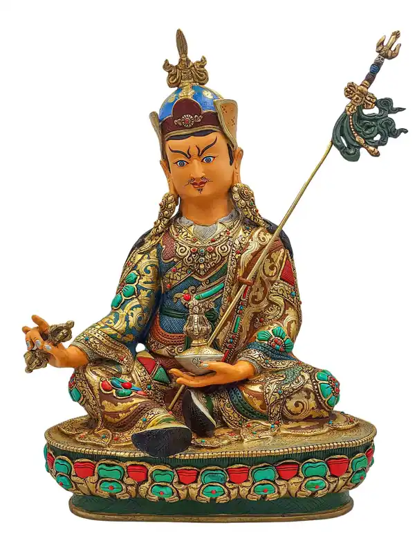 Statue de Padmasambhava en cuivre – Peinture faciale délicate reflétant la sagesse éternelle
