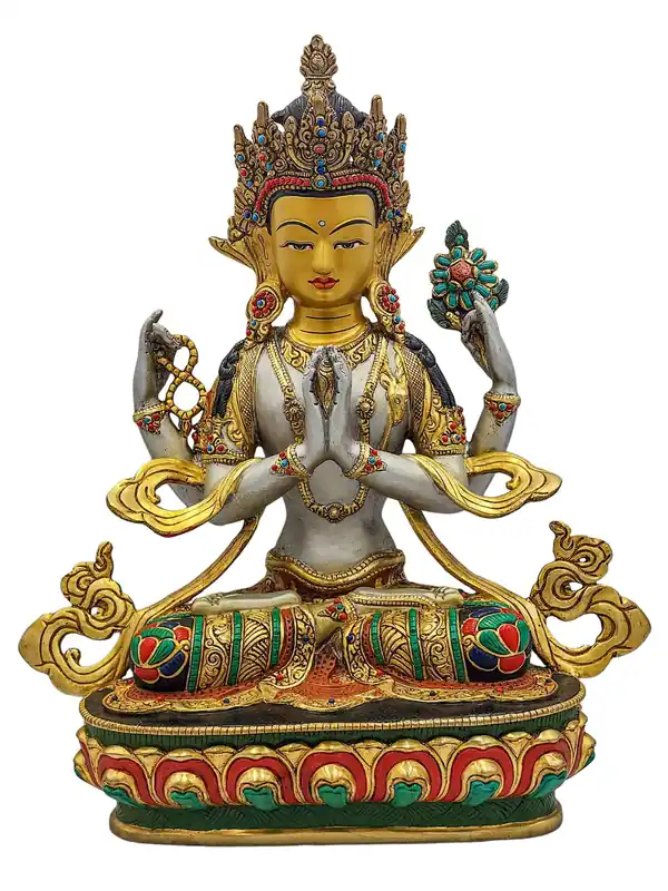 Statue en cuivre de Chenrezig avec des détails plaqués or