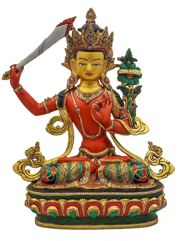 Statue en cuivre de Manjushri – Sagesse plaquée or