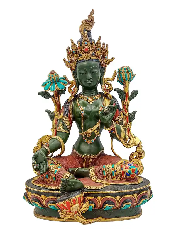 Statue en cuivre de la Tara Verte avec accents dorés