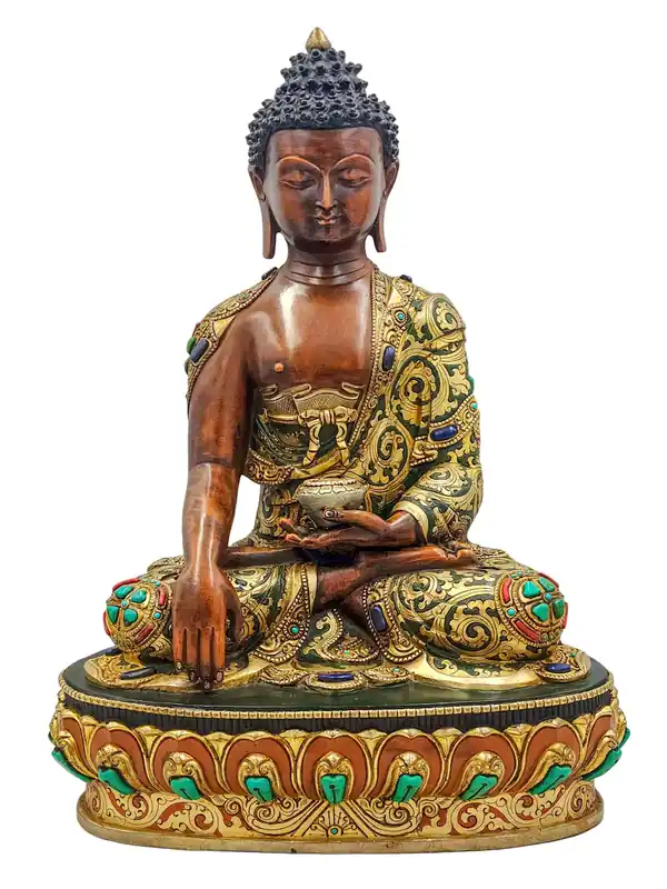Statue en cuivre de Shakyamuni Bouddha – Partiellement dorée à l’or, finition traditionnelle, 33 cm