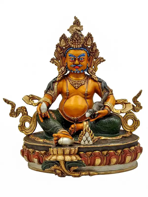 Statue en cuivre de Jambhala jaune avec finition dorée