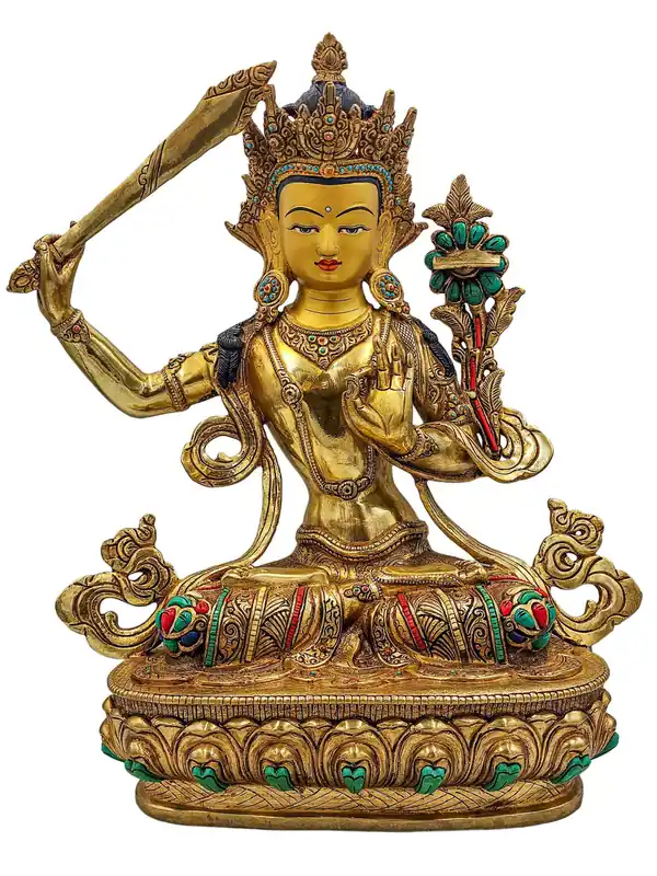 Statue en cuivre de Manjushri – Déité de la sagesse faite à la main, finition dorée, 34 cm