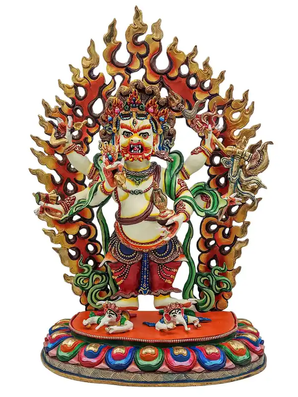 Statue en cuivre de Mahakala blanc – Partiellement dorée à l’or