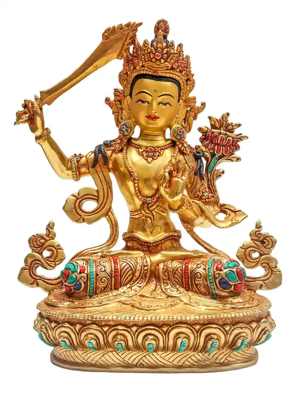 Statue de Bouddha de la sagesse Manjushri – Pierre sculptée à la main avec peinture de visage et dorure