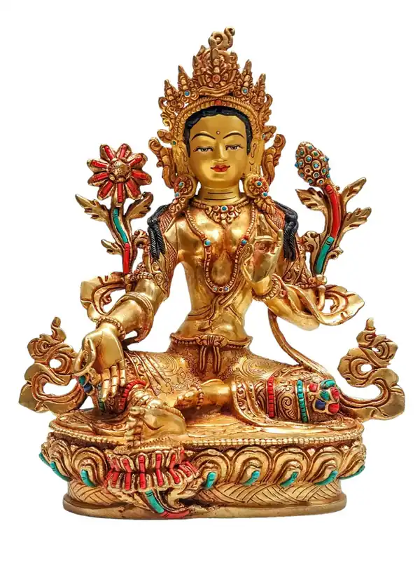 Statue en cuivre de la Tara verte avec finition dorée
