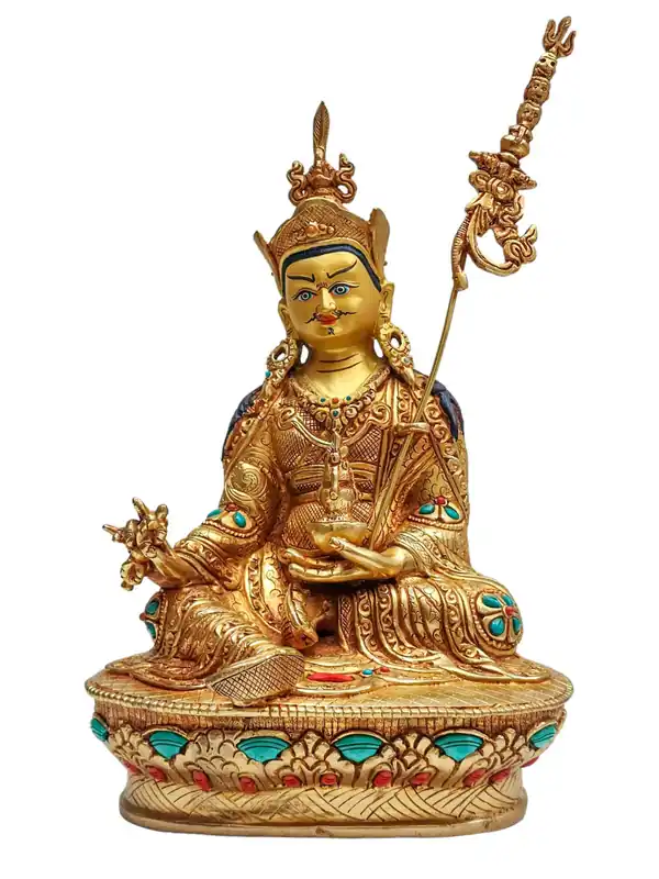 Statue en cuivre de Padmasambhava – Maître né du lotus avec un visage complexe et un plaquage en or