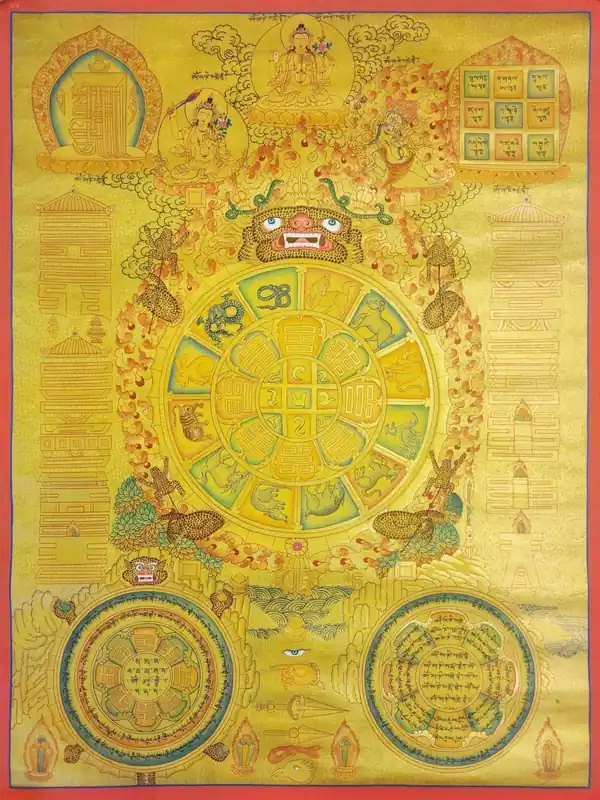 Thangka tibétain peint à la main en or, calendrier