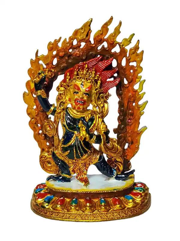 Statue miniature en cuivre de Vajrapani avec finitions colorées