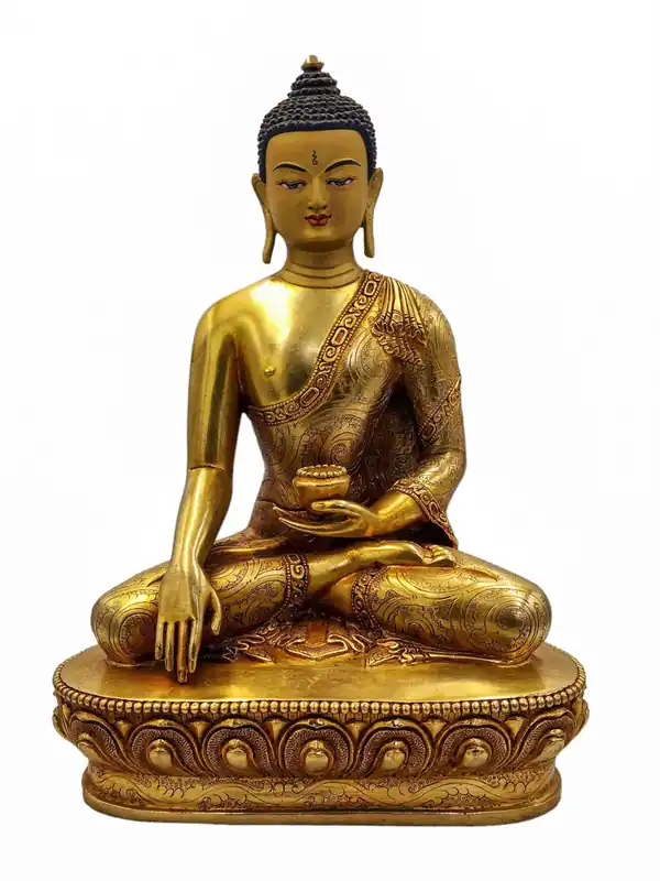 Statue de Shakyamuni Bouddha – Cuivre entièrement plaqué or avec des peintures faciales détaillées