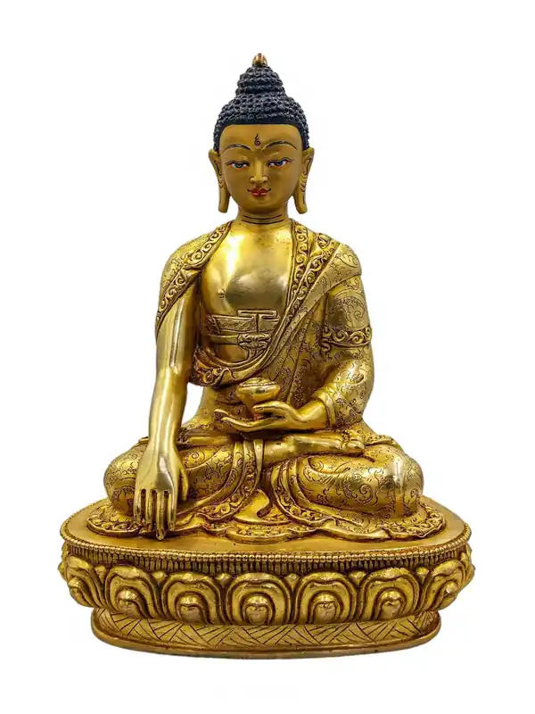 Statue de Shakyamuni Bouddha artisanale – Cuivre plaqué or avec visage peint