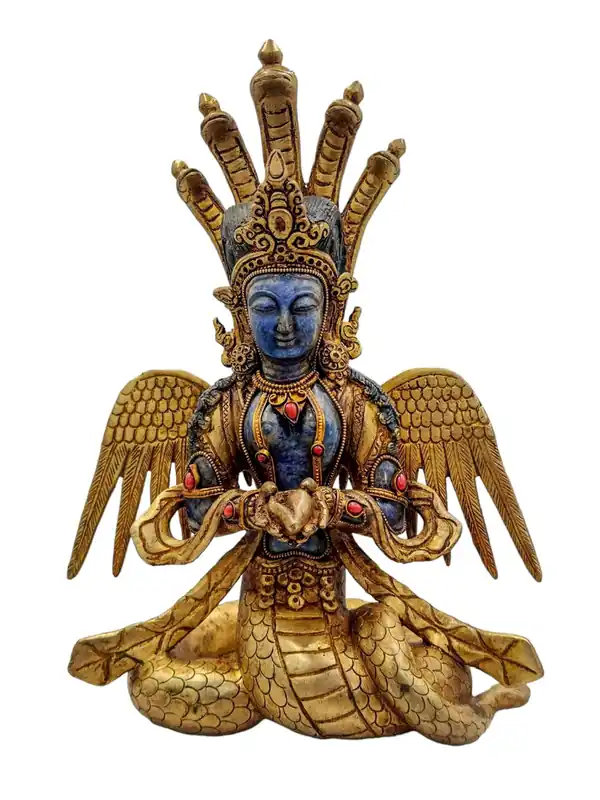 Statue de Naga Kanya – Cuivre avec Dorure Partielle, Déesse Serpente Gardienne des Trésors