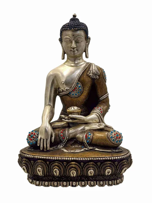 Statue en cuivre de Shakyamuni Bouddha avec finition en argent