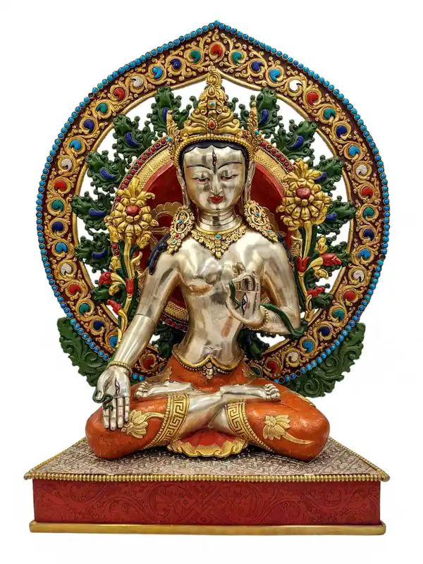 Statue de Tara Blanche – Artisanat en cuivre avec dorure et accents en pierre