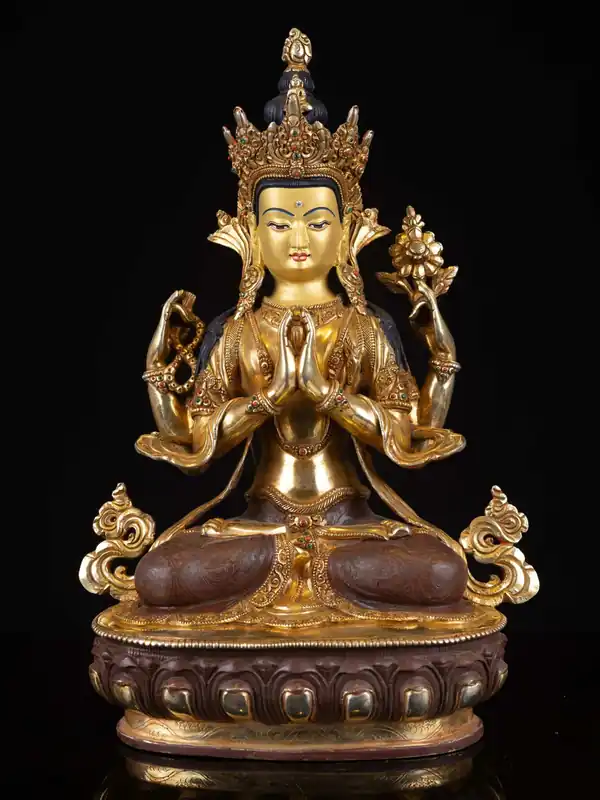 Statue de Chenrezig – Cuivre avec Visage Doré
