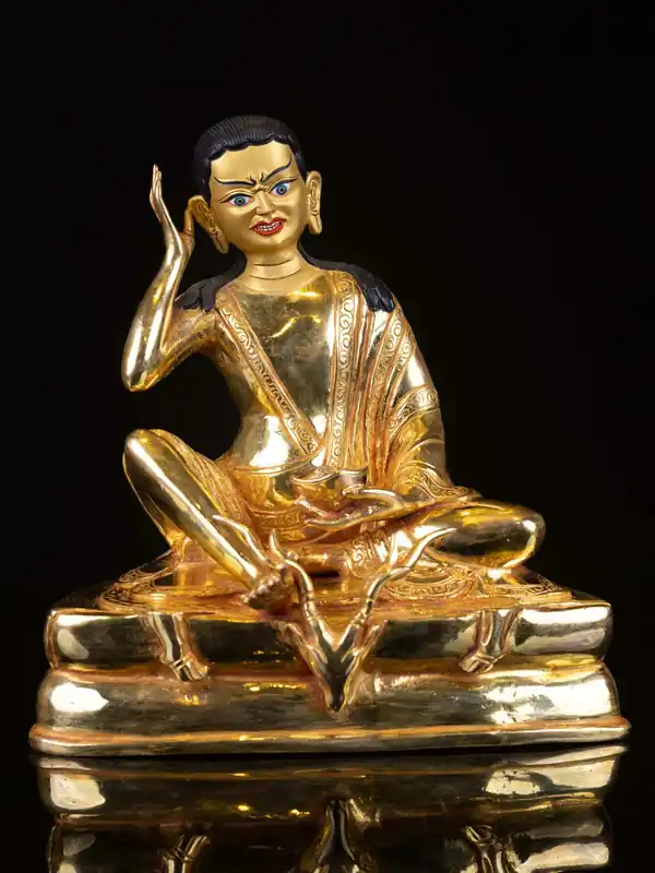 Statue en cuivre de Milarepa avec un visage plaqué or
