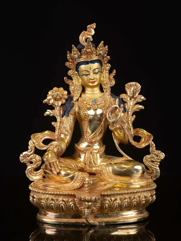 Statue de la Tara Verte Plaquée Or – Artisanat en Cuivre de la Déesse de la Compassion