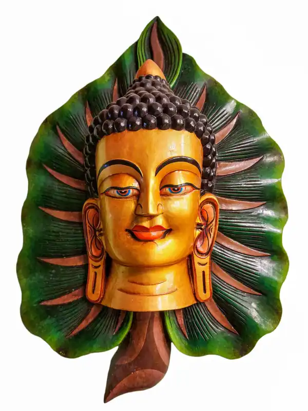 Masque de Bouddha en bois de peuplier peint