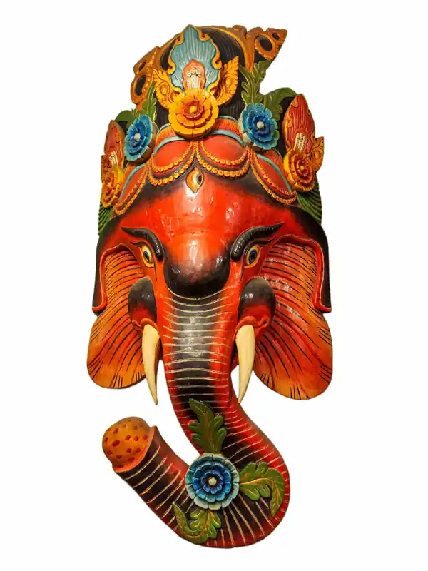 Masque en bois de Ganesh, suspension murale en peuplier