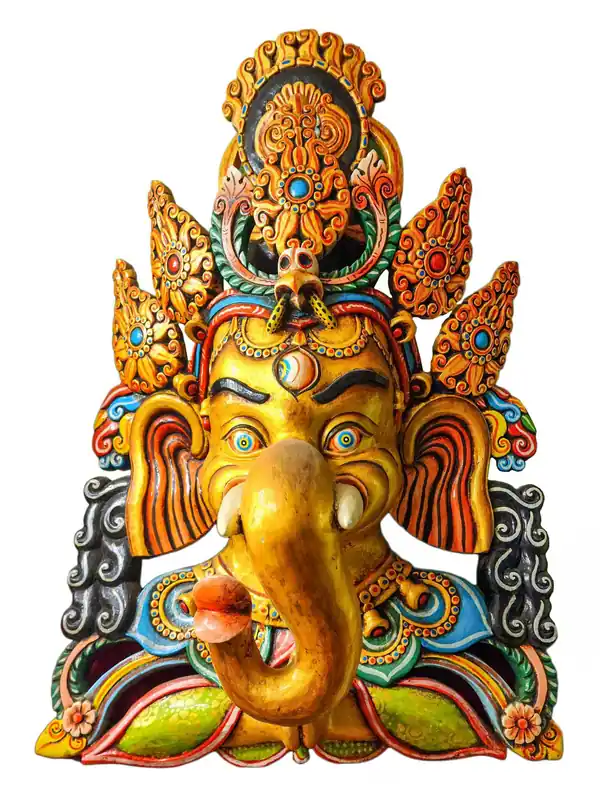 Masque de Ganesh en bois à suspendre sur mur en peuplier