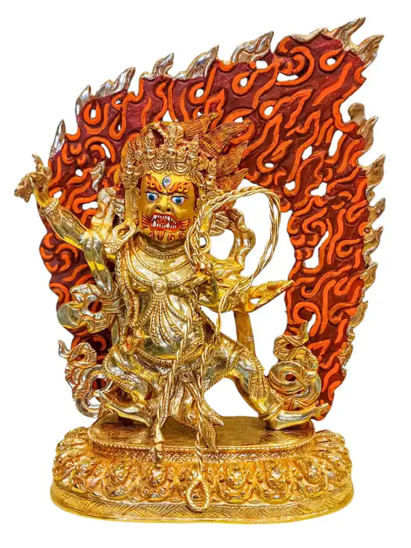Statue en cuivre de Vajrapani – Visage plaqué or, incarnant la puissance et l’intrépidité