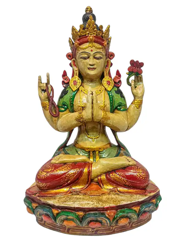 Statue en bois de Chenrezig – Bodhisattva de la compassion avec finition naturelle