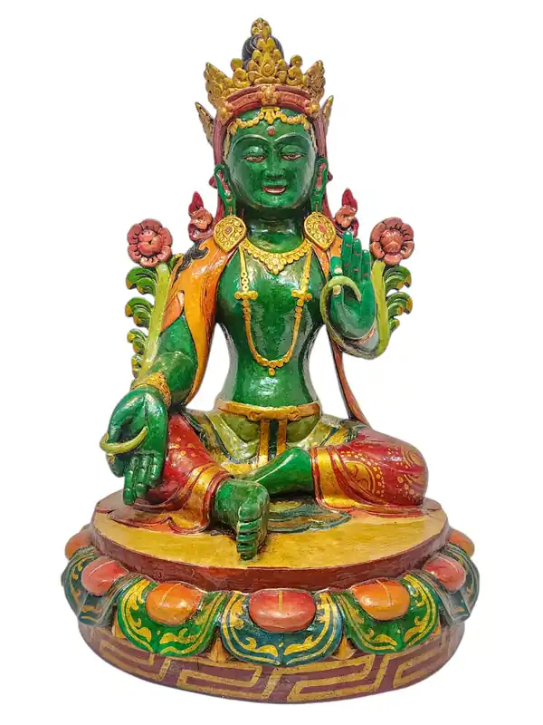Statue en bois de la déesse verte Tara – Déesse de la compassion et de la protection, façonnée à la main