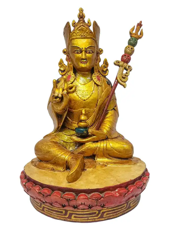 Statue en bois de Padmasambhava – Finition naturelle, incarnant la sagesse intemporelle
