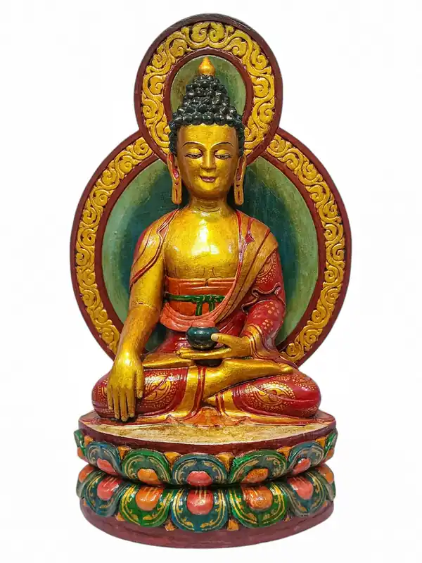 Statue en bois de Shakyamuni Bouddha fabriquée à la main – Finition naturelle, Émanation de l’Éveil