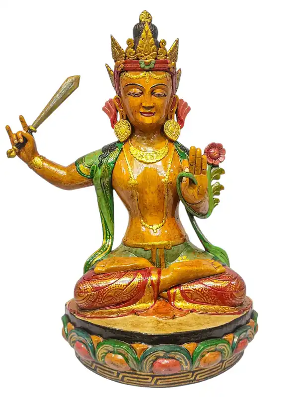 Statue en bois majestueuse de Manjushri – Incarnation de la sagesse, finition naturelle