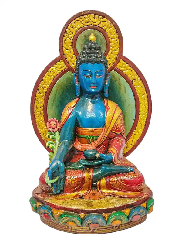 Statue en bois du Bouddha de Médecine faite à la main – Figure de 36 cm pour la guérison, apportant paix et tranquillité