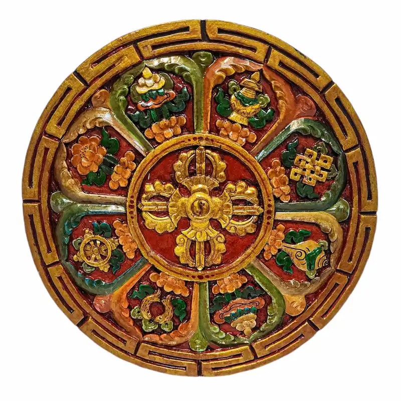 Suspension murale en bois : double dorje et ashtamangala