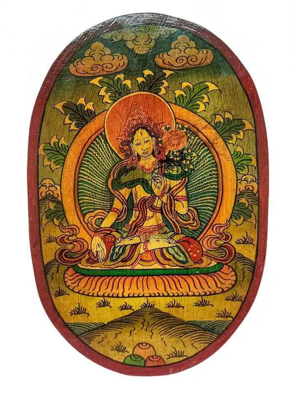 Thangka en bois de Tara blanche – Fini naturel