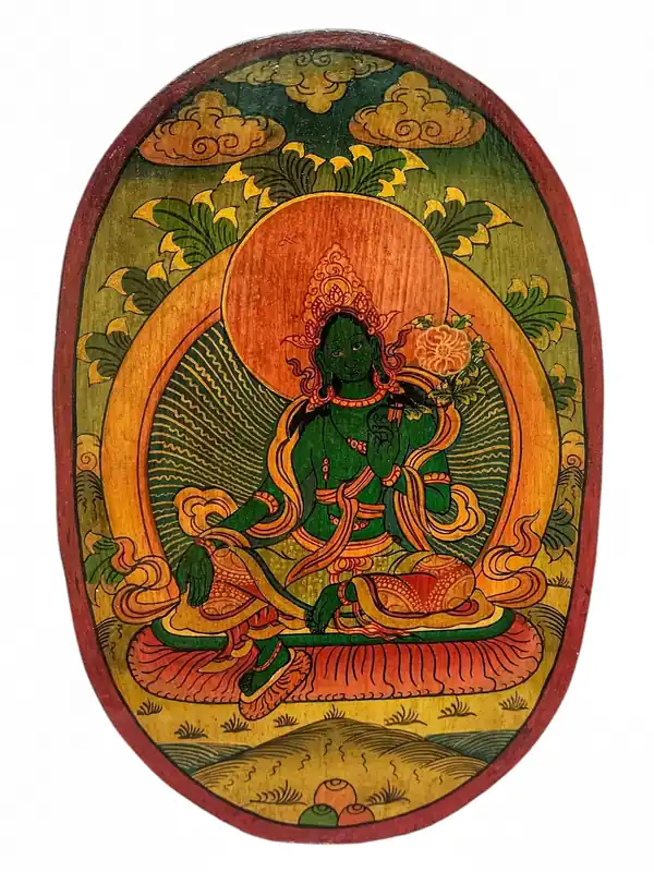 Thangka en bois de Tara Verte – Finition naturelle