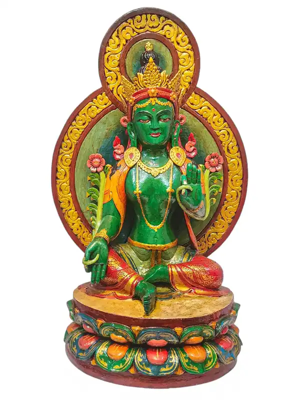 Statue en bois de Tara Verte – Déesse de la Compassion et de la Protection en Fini Naturel