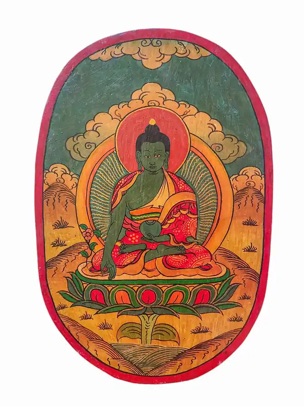 Thangka en bois du Bouddha de la Médecine en finition naturelle