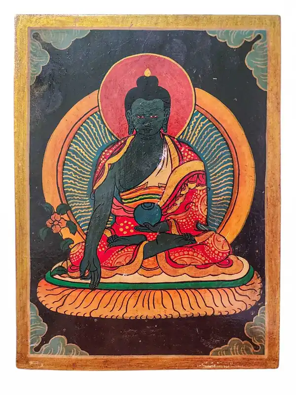 Thangka en bois du Bouddha de la Médecine – Fini naturel