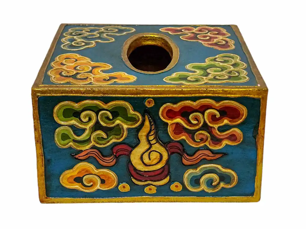 Coffre au trésor tibétain avec design de conque bleue pour le rangement des serviettes
