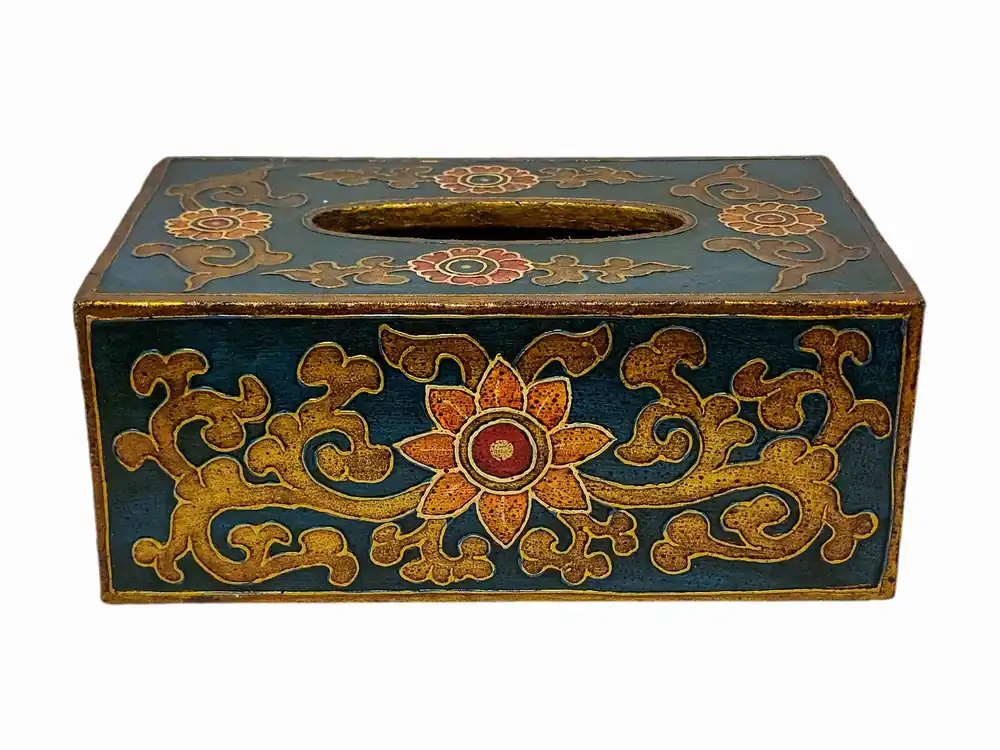 Coffre au Trésor Tibétain avec Motif Floral Bleu en Bois