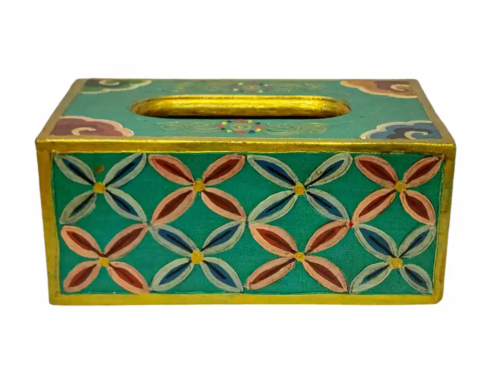Boîte au Trésor Tibétaine avec Motif Floral Vert Aqua, Idéale pour le Rangement de Serviettes et de Mouchoirs