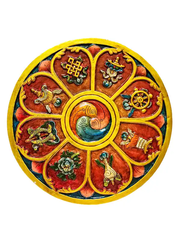 Tenture murale tibétaine en bois avec motif de poisson