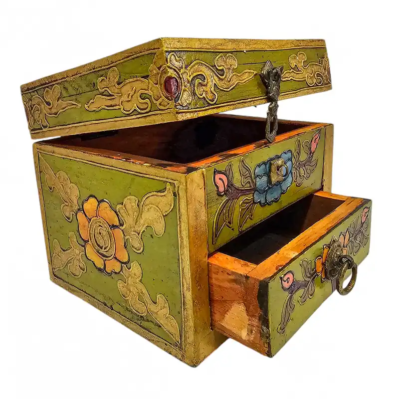 Boîte en bois tibétaine faite à la main avec finition verte