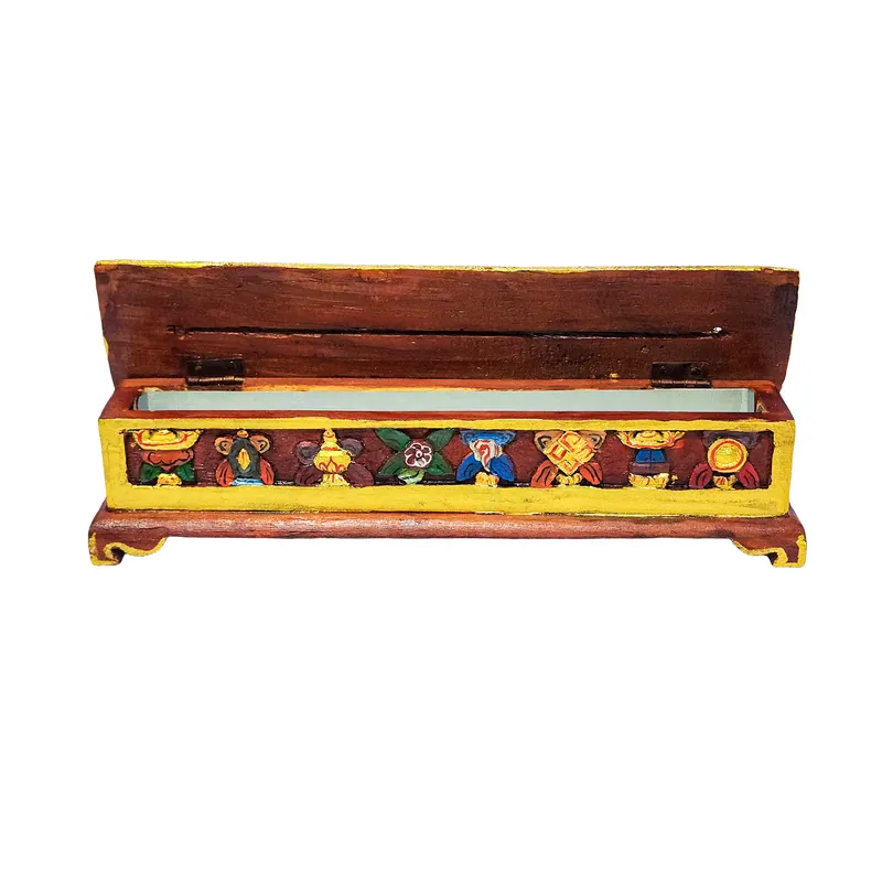 Brûleur d’encens en bois tibétain avec le design des Ashtamangala