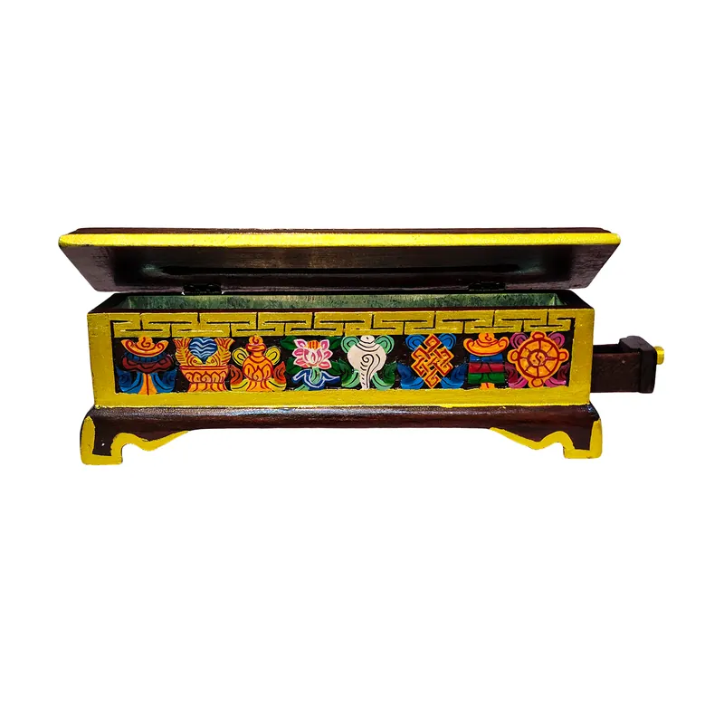 Brûleur d’encens tibétain en bois avec motif d’Ashtamangala
