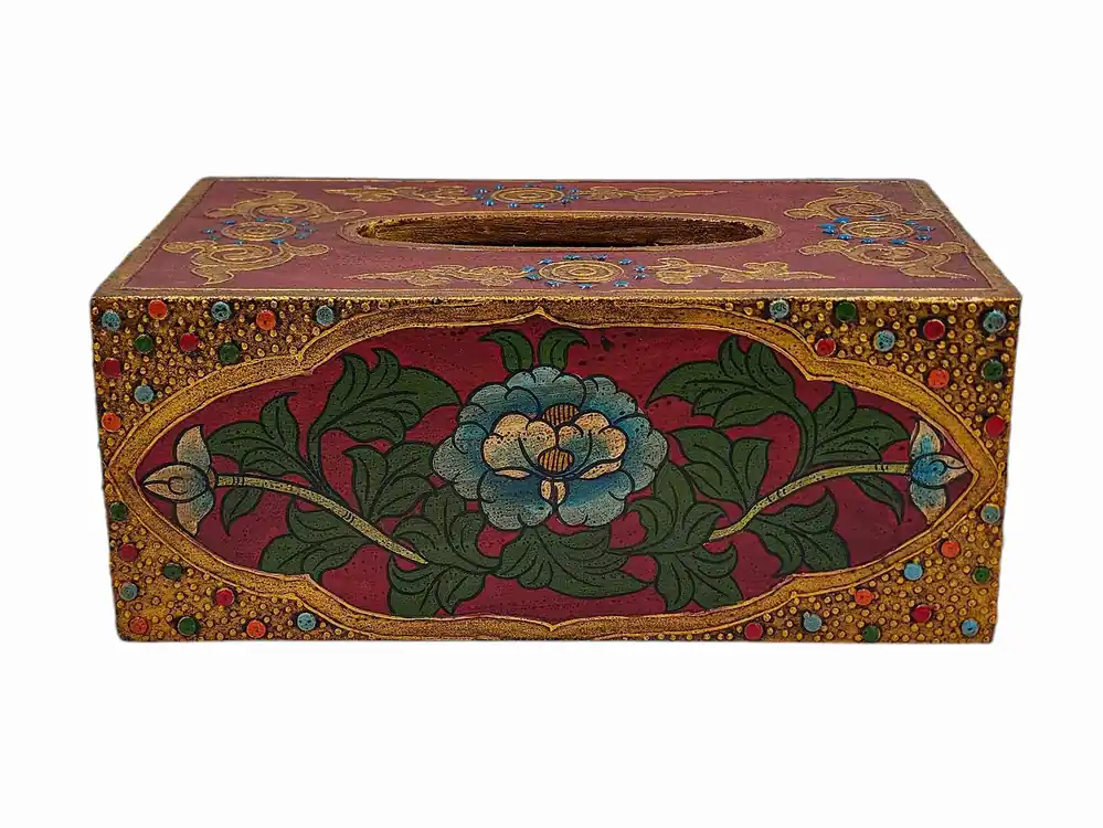Boîte à mouchoirs en bois sculptée à motifs floraux du Népal