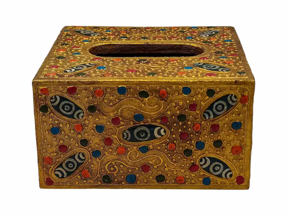 Boîte au trésor tibétaine en bois ornée d’un design floral pour le rangement des mouchoirs