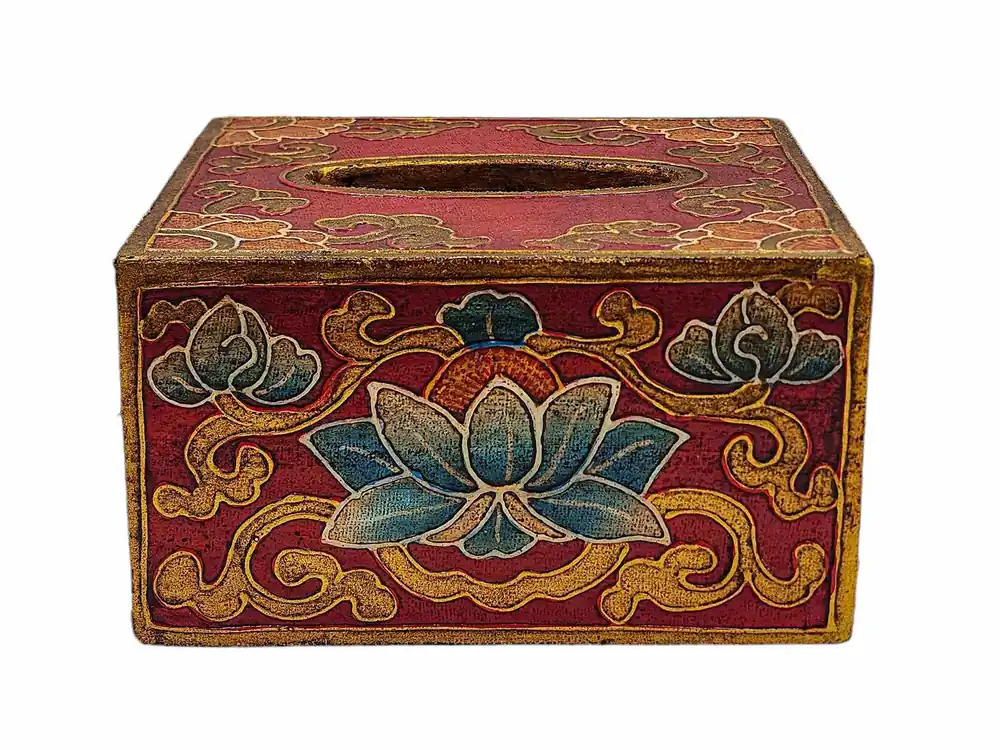 Coffre en bois tibétain pour tissus avec motif floral