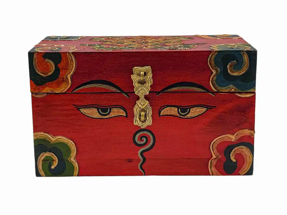 Coffre tibétain orné d’un motif de l’œil de Bouddha du Népal