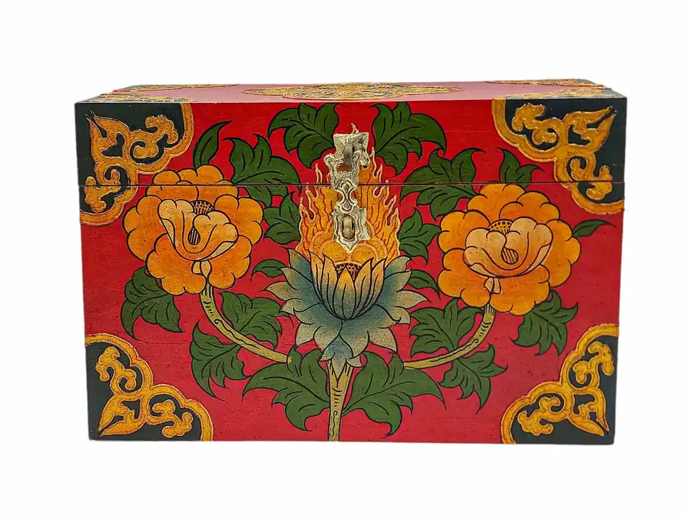 Boîte au trésor en bois tibétaine avec motif floral